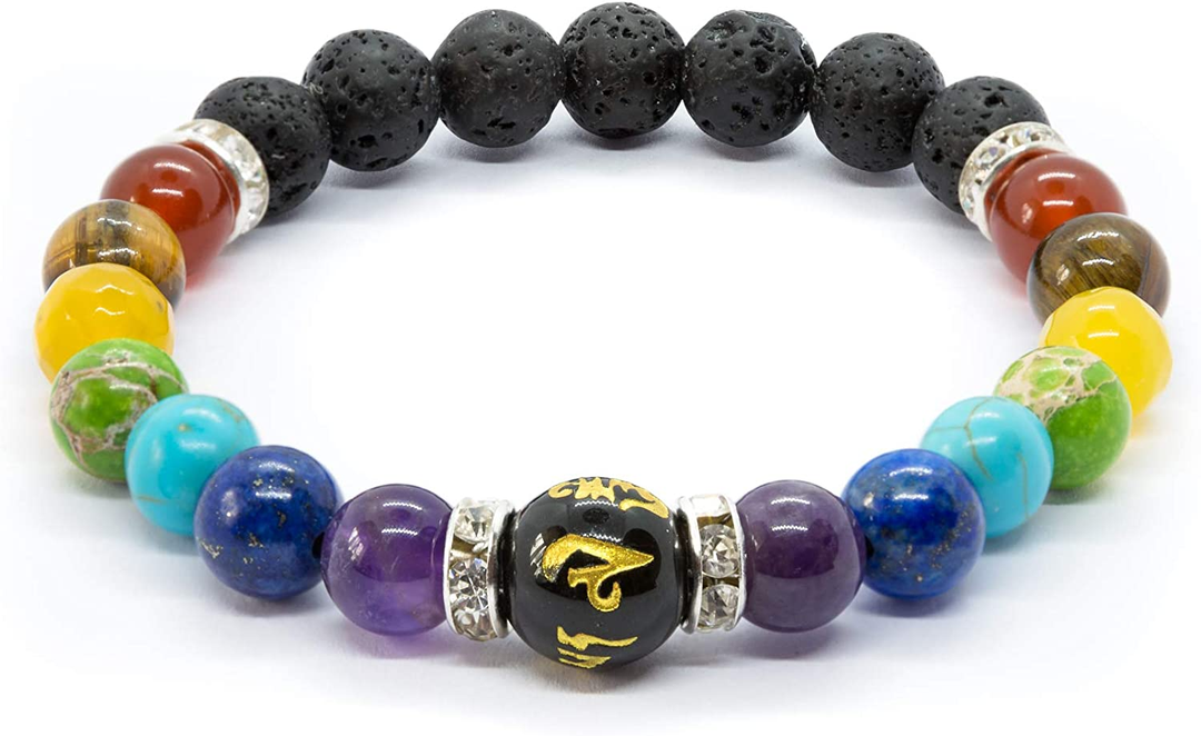 Dames chakra armband met kleurrijke natuurlijke kristallen en zwarte lavasteen voor energiebalans.