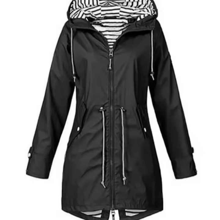 Dames waterdichte jas met capuchon. Ideale regenjas voor outdoor avonturen, comfortabel en winddicht.