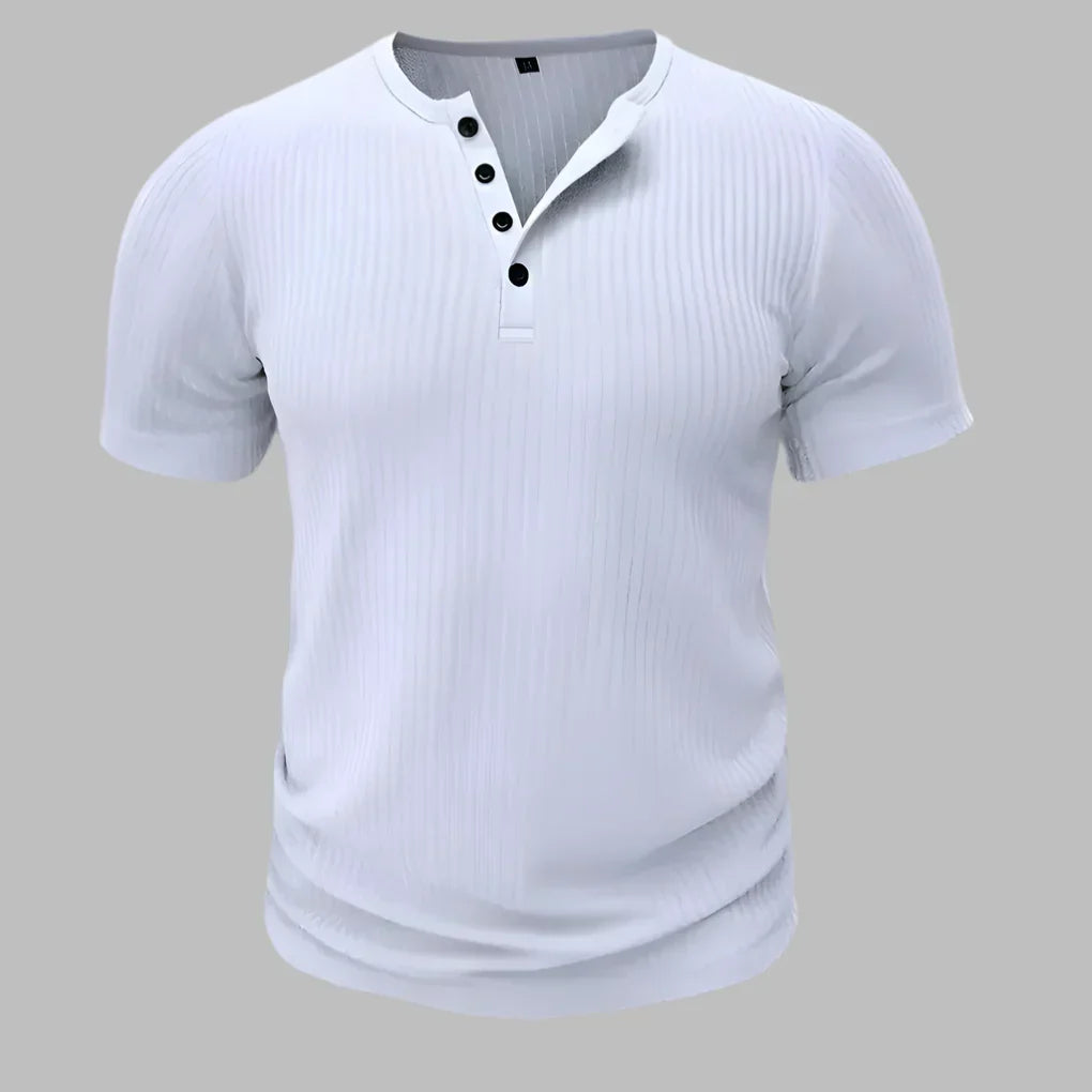 Heren muscle-fit Henley T-shirt met korte mouwen, accentueert spieren, ideaal voor een sportieve look.