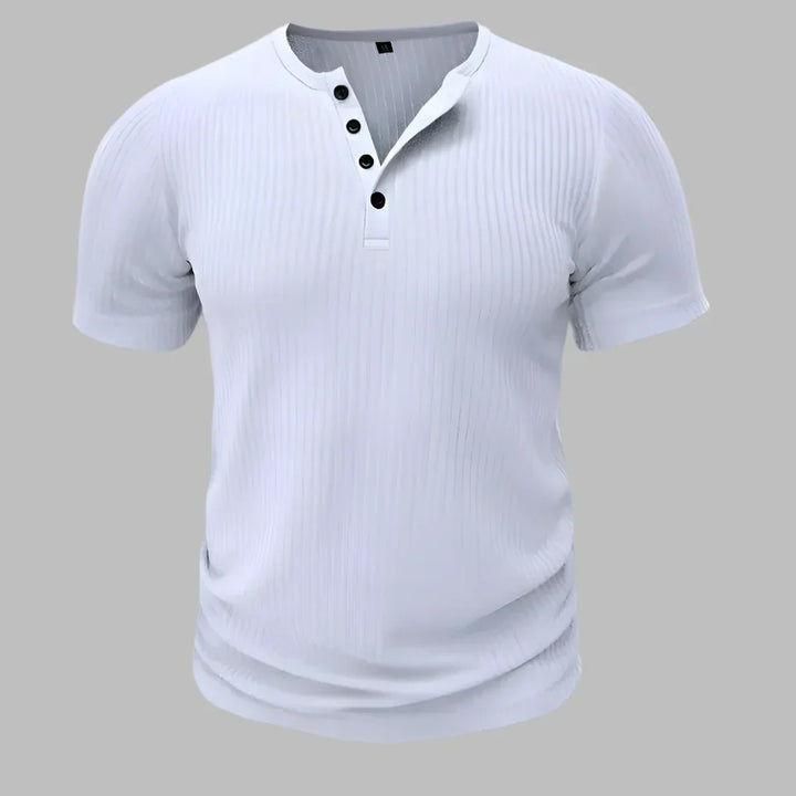 Heren muscle-fit Henley T-shirt met korte mouwen, accentueert spieren, ideaal voor een sportieve look.
