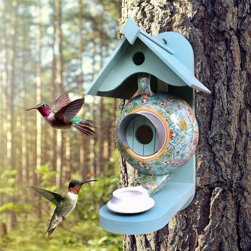 Uniek theepot vogelhuisje van keramiek en hars, charmante tuindecoratie voor kleine vogels.