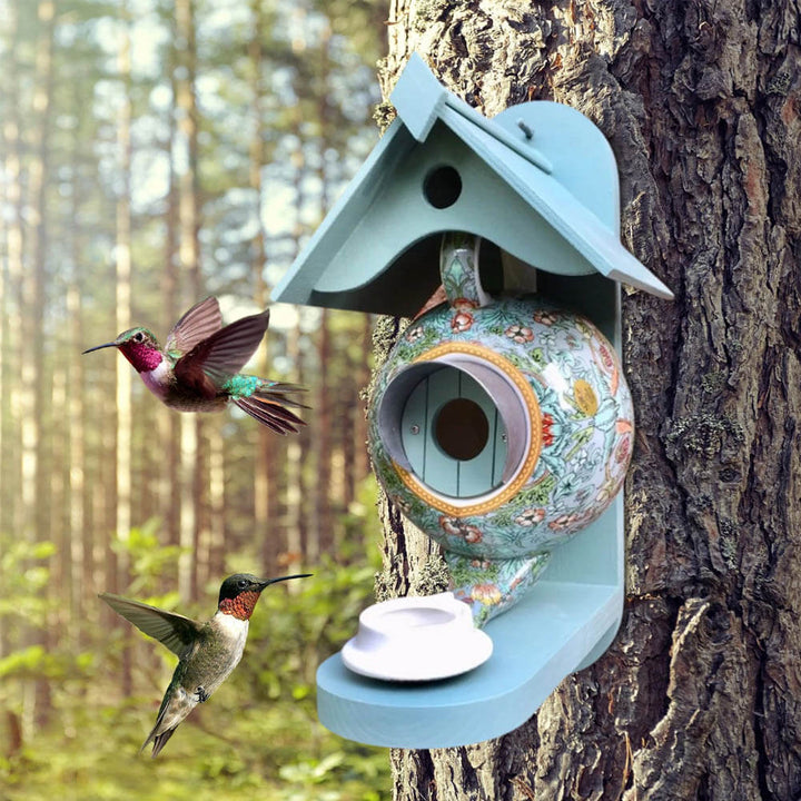 Uniek theepot vogelhuisje van keramiek en hars, charmante tuindecoratie voor kleine vogels.