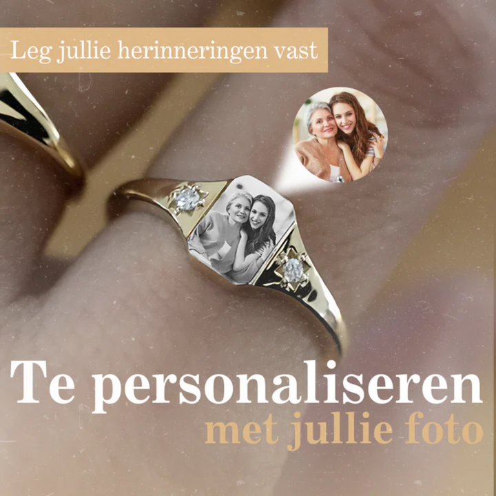 Gepersonaliseerde dames sentimentring, zilveren ring met foto en geboortesteen, een uniek herinnering sieraad.