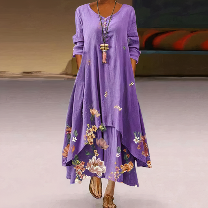 Zij-aanzicht van de elegante A-lijn midi jurk van katoenblend. Tijdloze stijl voor de modebewuste vrouw.