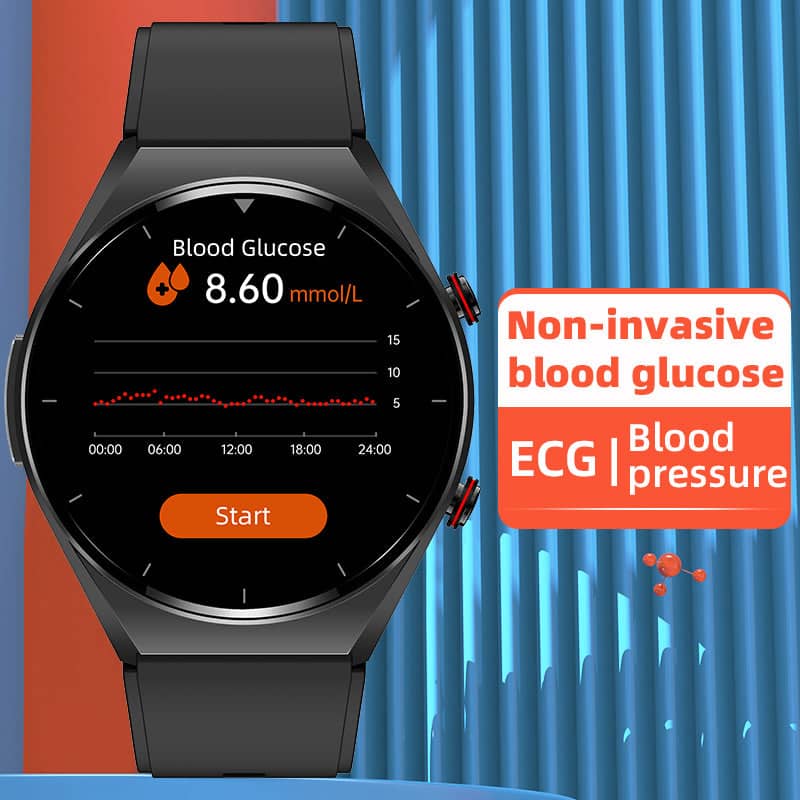 Slimme horloge fitnesstracker met ECG, HRV, bloedglucose, bloeddruk en hartslag monitoring voor welzijn.