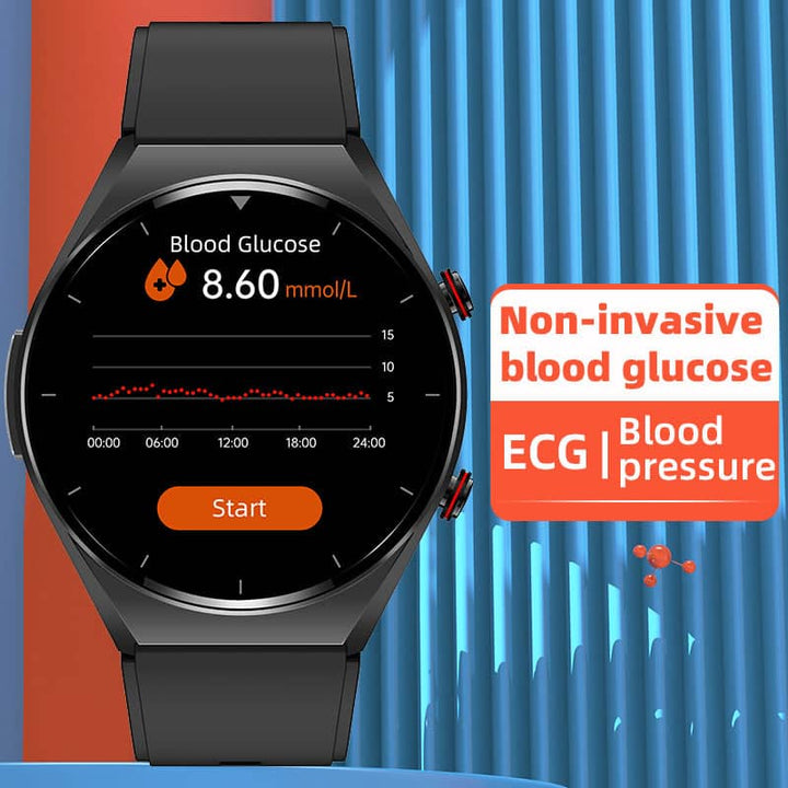 Slimme horloge fitnesstracker met ECG, HRV, bloedglucose, bloeddruk en hartslag monitoring voor welzijn.