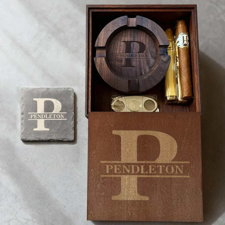 Premium walnotenhout sigarenasbak, handgemaakt met leisteen en gepersonaliseerd voor heren.