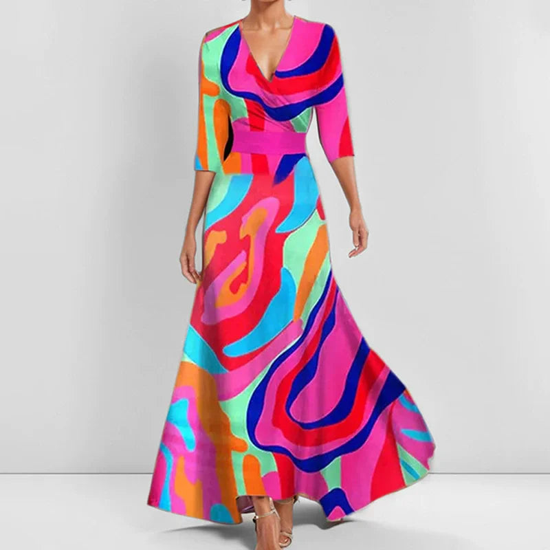 Dames V-hals maxi jurk met stijlvolle print, A-lijn pasvorm en handige zakken voor een elegante zomerlook.