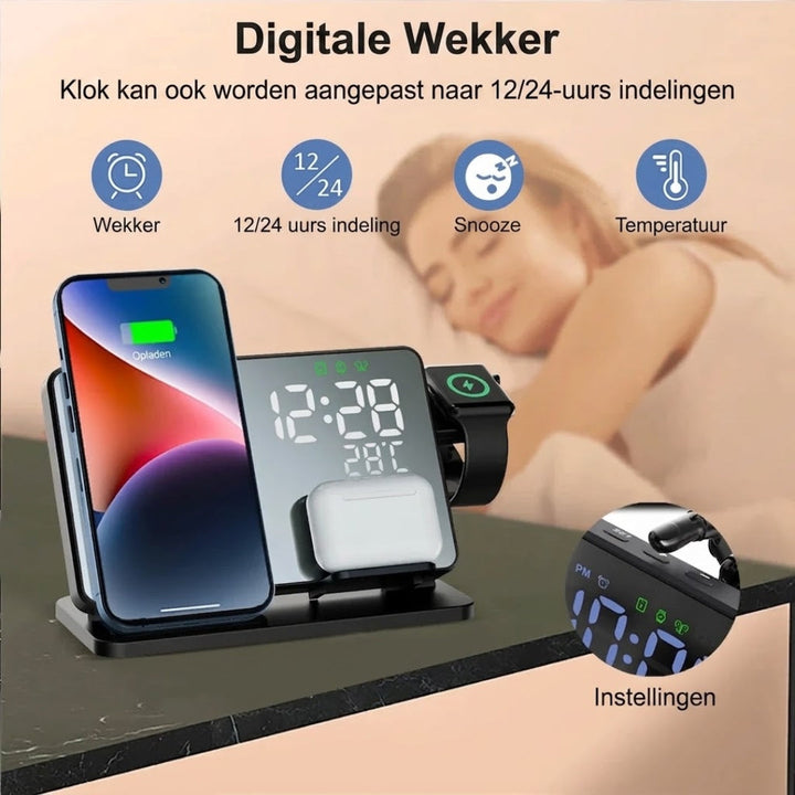 Zwart 3-in-1 Qi laadstation dat tegelijk telefoon, smartwatch en oortjes snel oplaadt.