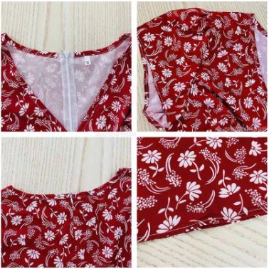Elegante dames bloemenjurk met V-hals en korte mouwen, ideaal voor een zomerse dag.