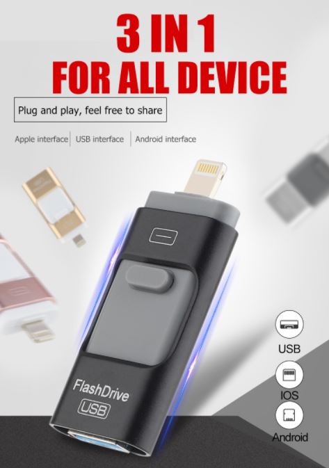 Universele USB-stick voor iPhone, Android telefoons en computers; snelle data opslag en backup.