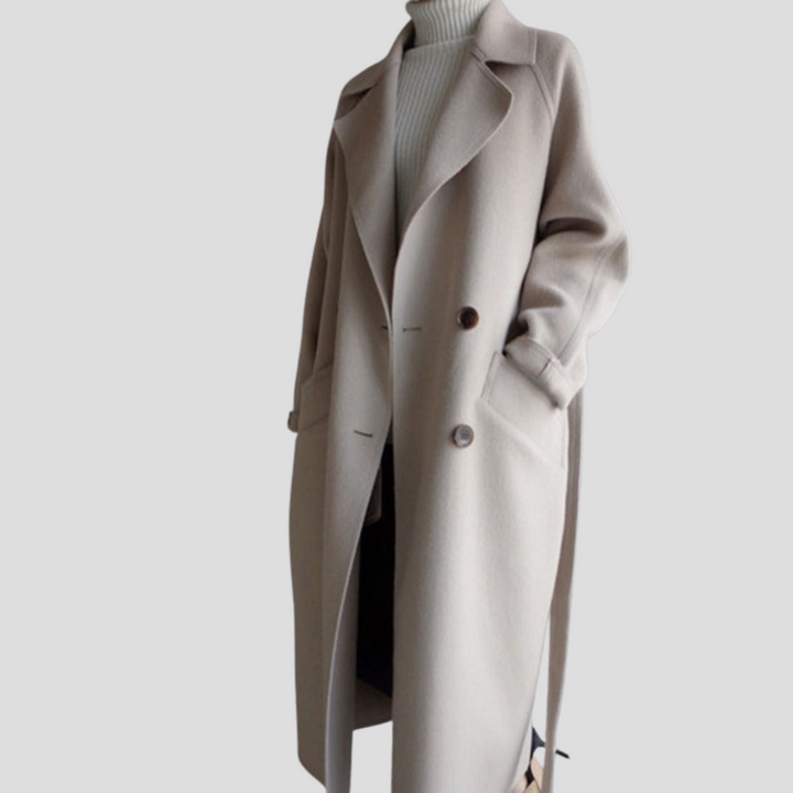 Elegante lange dames winterjas van wolmix met knoopsluiting en hoge kraag, perfect voor koude dagen.