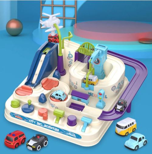 Interactief auto avontuur speelgoed; mechanisch en educatief kinder speelgoed voor schermvrij plezier en motoriek.