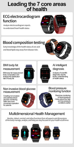 Smartwatch met geavanceerde sensoren voor EKG, bloeddruk & bloedsuiker monitoring. Uw gezondheidsassistent.