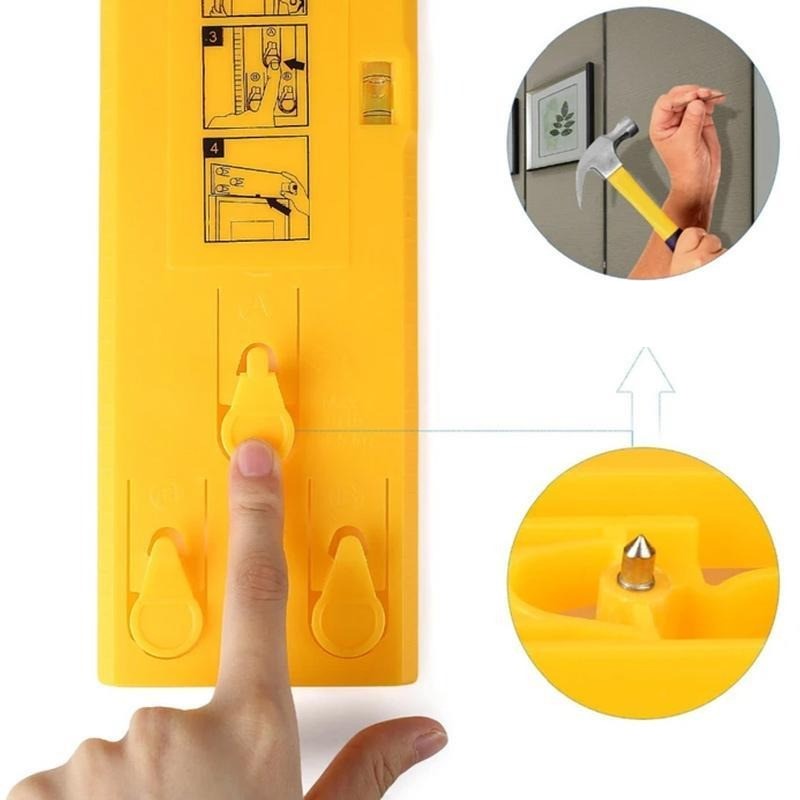 EasyHang waterpas ophangsysteem voor fotolijsten; geel gereedschap voor nauwkeurige muurdecoratie.