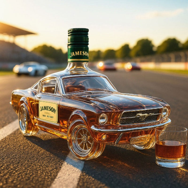 Opvallende whiskey decanter als drankaccessoire voor de thuisbar, met unieke auto vorm.