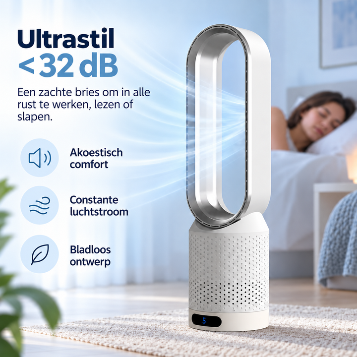 Moderne torenventilator met stil bladloos ontwerp; ideale koeling voor uw kantoorruimte.