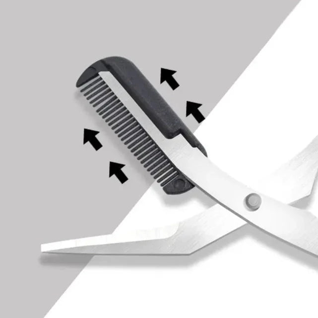 Ergonomische wenkbrauwenschaar met geïntegreerde kam voor eenvoudig en veilig trimmen van wenkbrauwen.