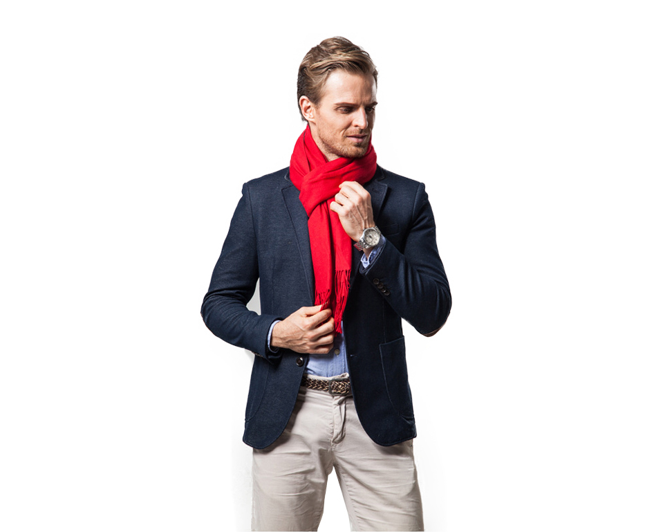 Iconische rode kasjmier sjaal, unisex model, zorgt voor luxe en warmte.