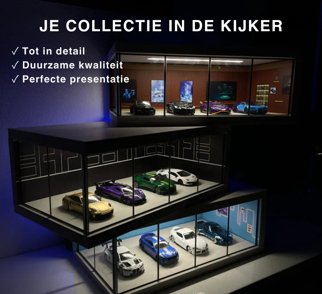 Organiseer en show je speelgoedauto verzameling in deze stijlvolle displaygarage met ingebouwde LED verlichting.