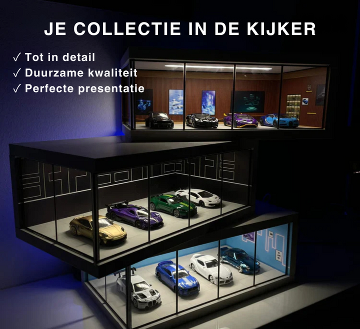 Organiseer en show je speelgoedauto verzameling in deze stijlvolle displaygarage met ingebouwde LED verlichting.