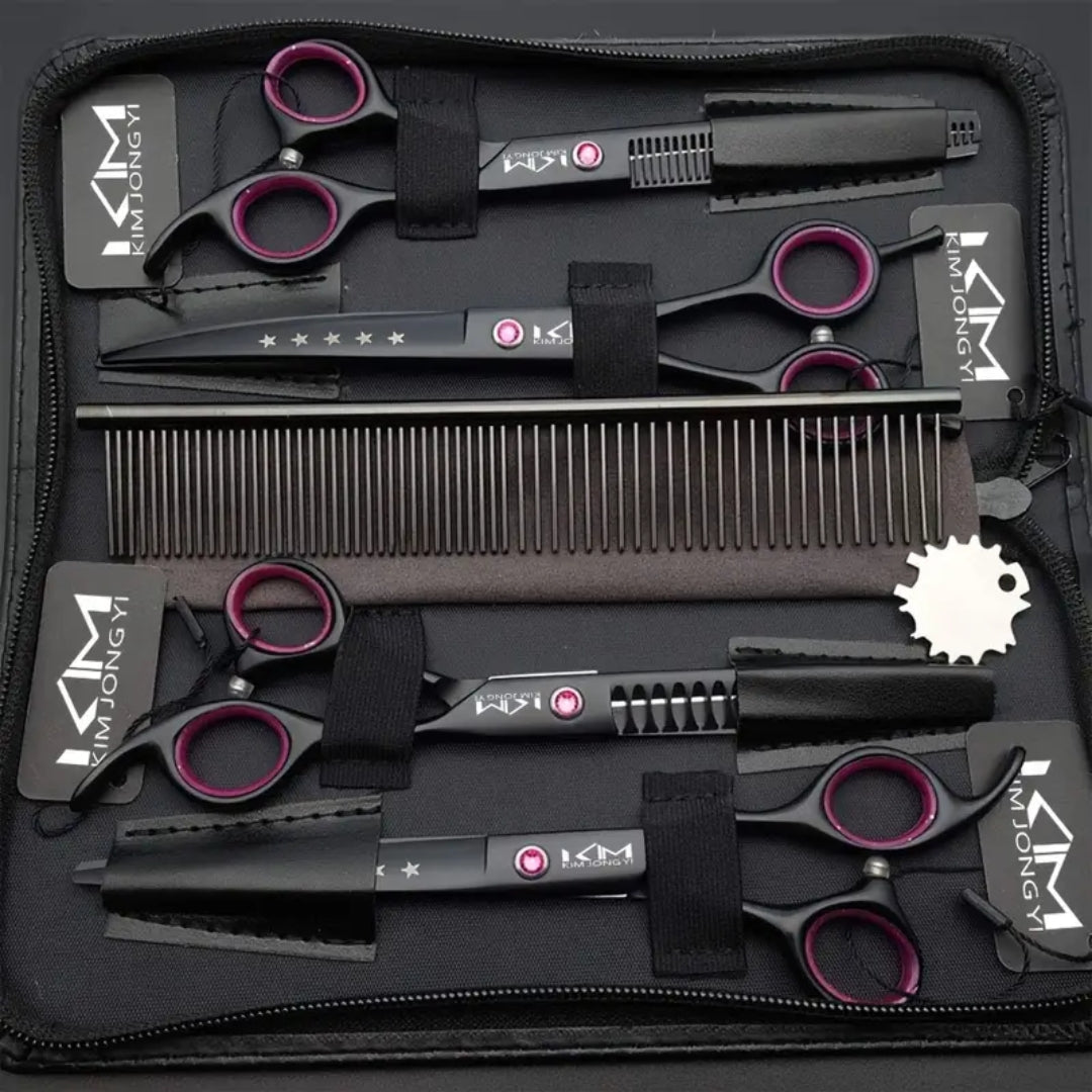 Professionele PrecisionPaw hondenscharen trimset in compact etui, ideaal voor huisdier vachtverzorging en trimmen.