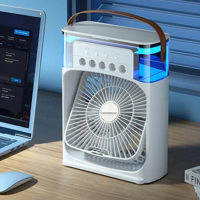BreezeMaster Pro 3-in-1 ventilator, luchtkoeler & bevochtiger met 7-kleuren LED licht voor thuis of kantoor.