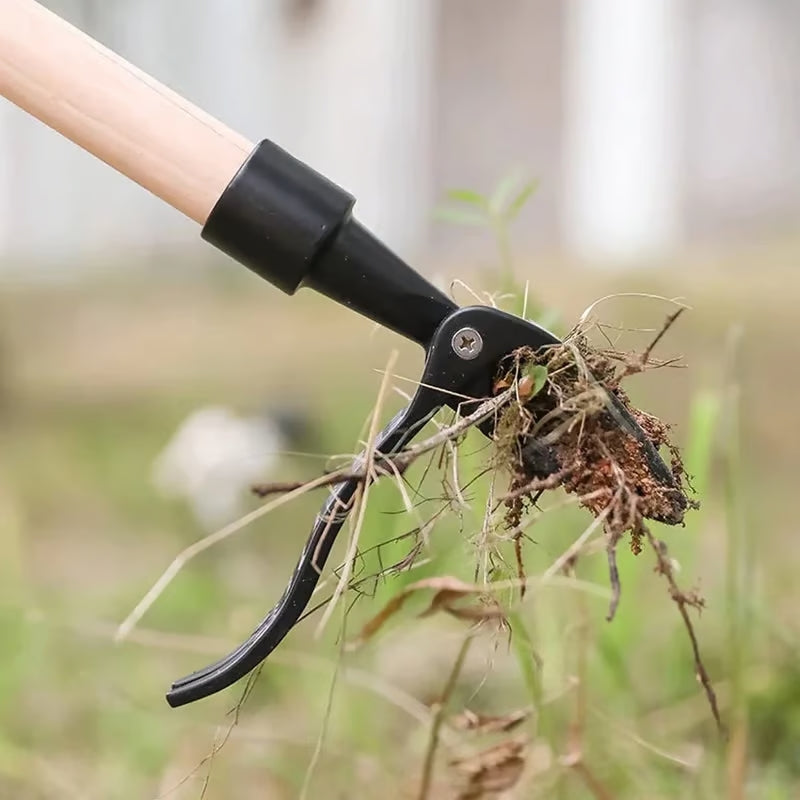 Staande onkruidtrekker WeedGrip voor moeiteloze wortelverwijdering zonder bukken. Ideaal voor rugvriendelijk tuinieren.