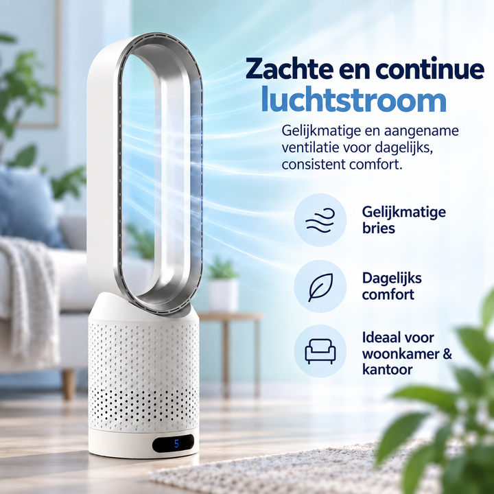 Universele design torenventilator; bladloze technologie voor veilige, stille luchtstroom.