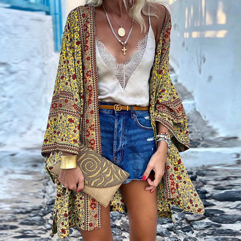 Casual dames kimono vest, perfect voor festivals of zomerse dagen, met opvallende boho print en midi lengte.