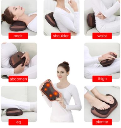Draagbaar shiatsu massagekussen voor diepe nekmassage en lichaamsontspanning, vermindert stress met warmtetherapie.