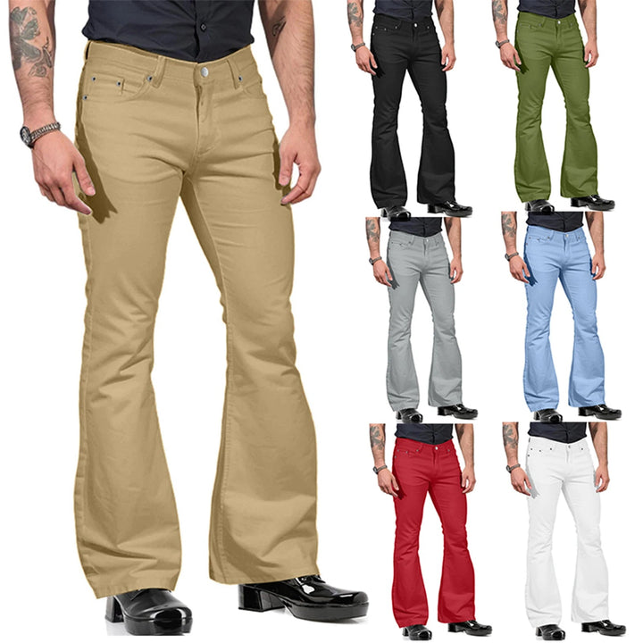 Modieuze heren stretch flare broek in retro jaren '70 stijl, beschikbaar in zwart en khaki voor comfort.