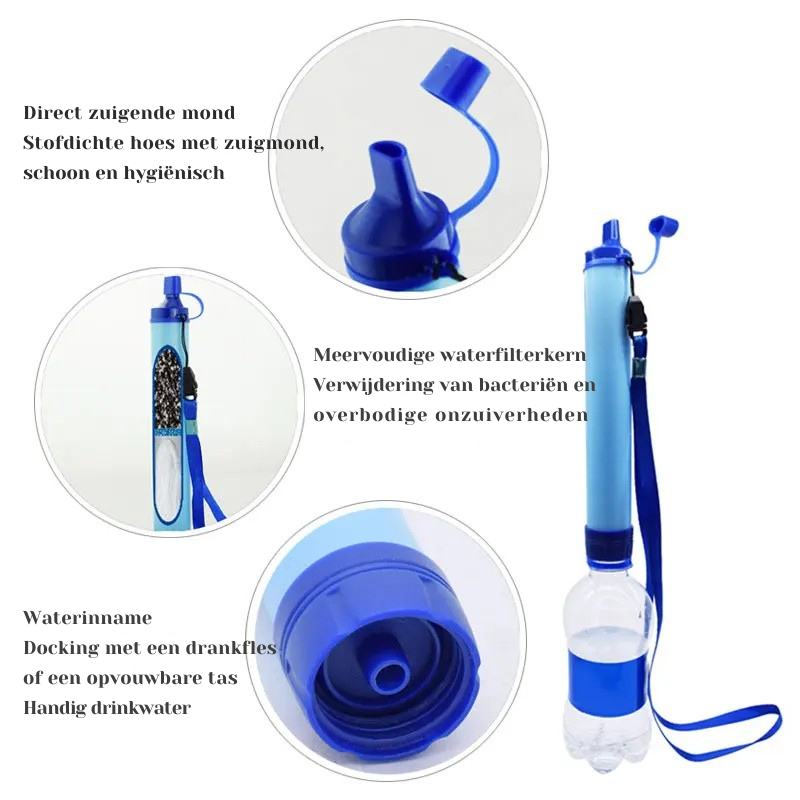Waterfilter in noodpakket. Onmisbaar voor kamperen, wandelen en outdoor avonturen.