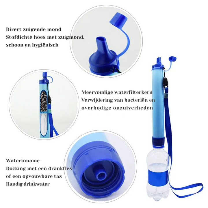 Waterfilter in noodpakket. Onmisbaar voor kamperen, wandelen en outdoor avonturen.