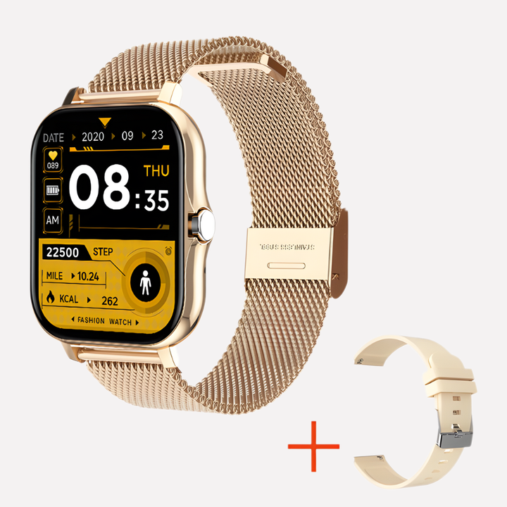 Gouden smartwatch met GPS voor dagelijkse veiligheid, noodoproepfunctie en helder touchscreen. Oplaadbaar.
