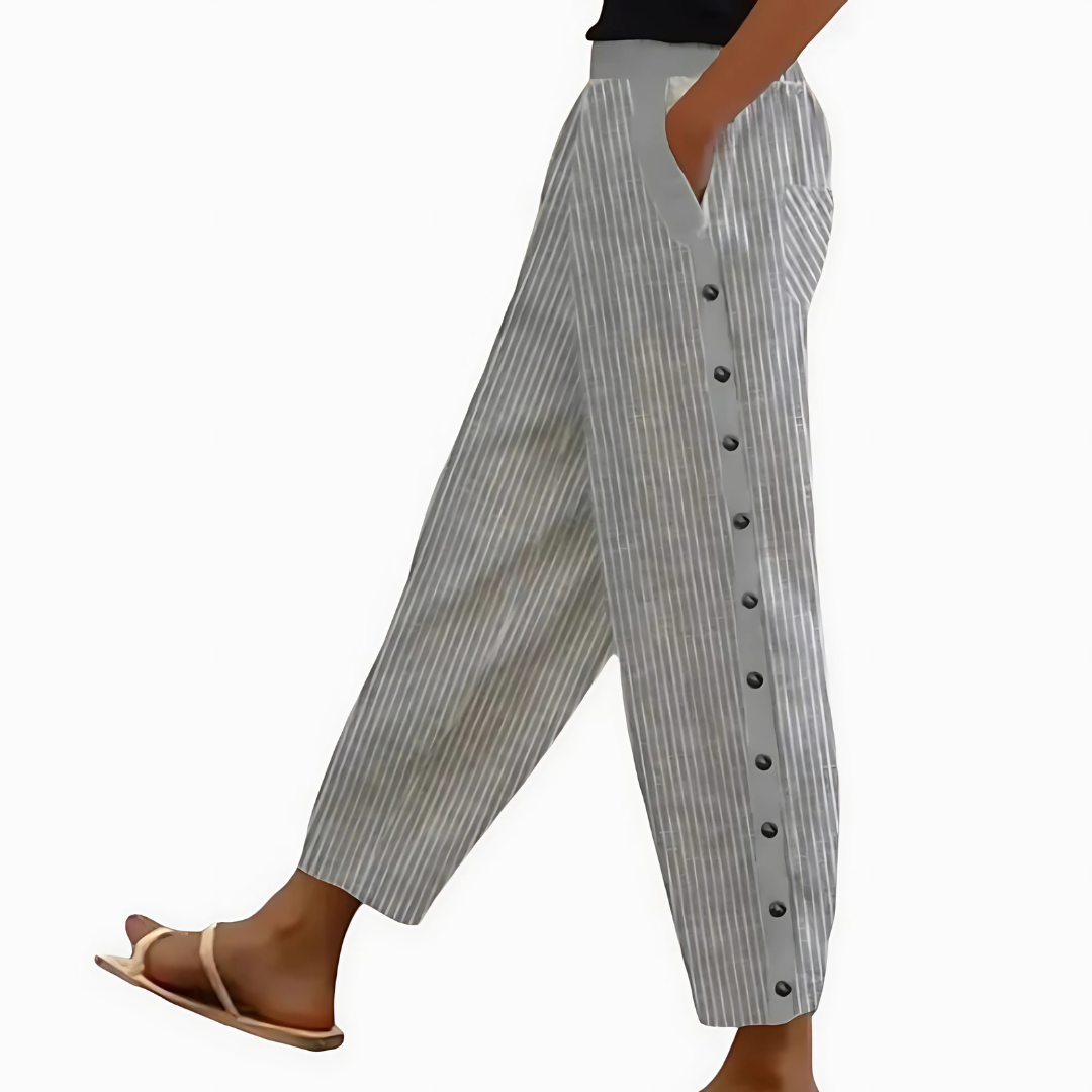 Gestreepte linnen damesbroek van Hoymans, comfortabel en elegant. Perfect voor zomerse casual of zakelijke outfits.