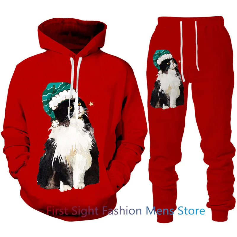 Casual heren loungeset met feestelijke print. Warme capuchontrui en joggingbroek voor comfortabele feestdagen.