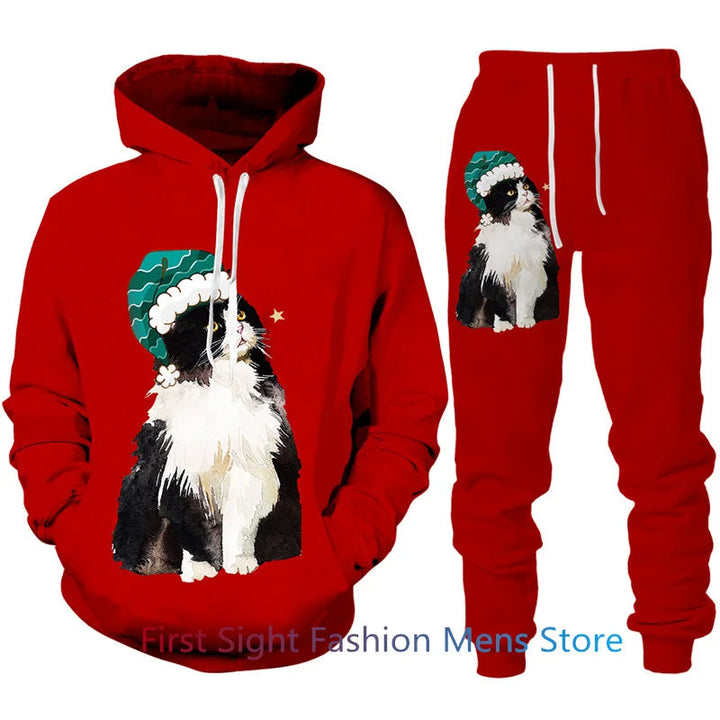 Casual heren loungeset met feestelijke print. Warme capuchontrui en joggingbroek voor comfortabele feestdagen.