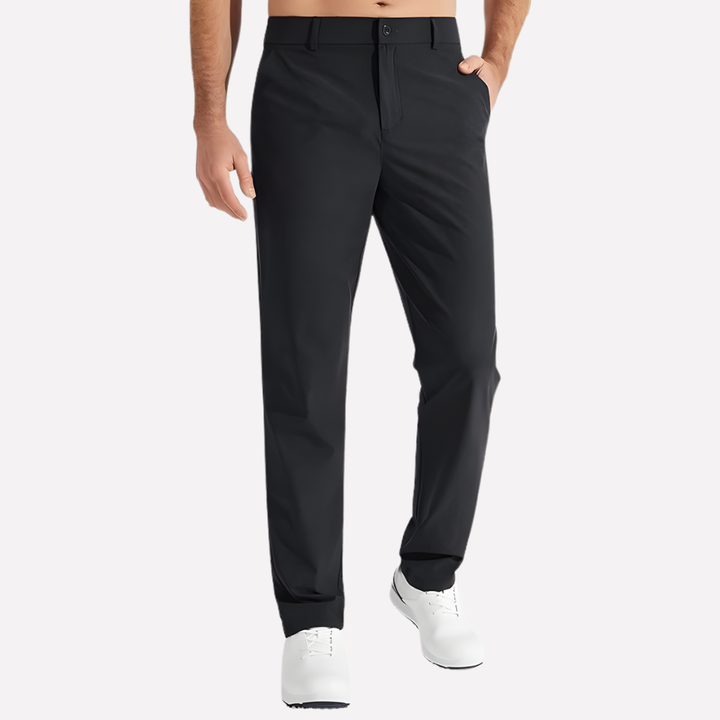 Marineblauwe casual herenbroek, sneldrogend en stretch. Perfect voor golf, werk of vrije tijd.