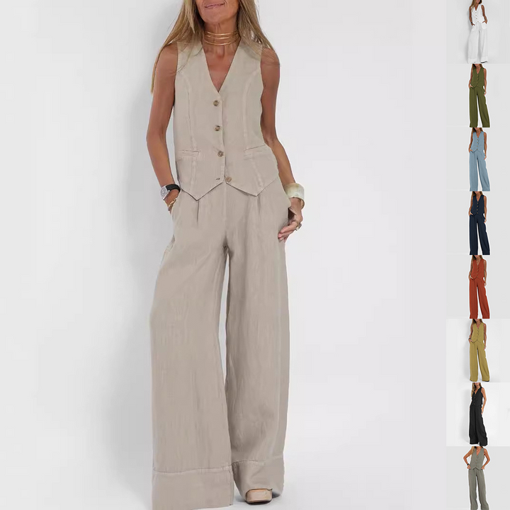 Dames zomer tweedelige set: mouwloos vest & losse broek van katoen linnen. Comfortabel en modieus.