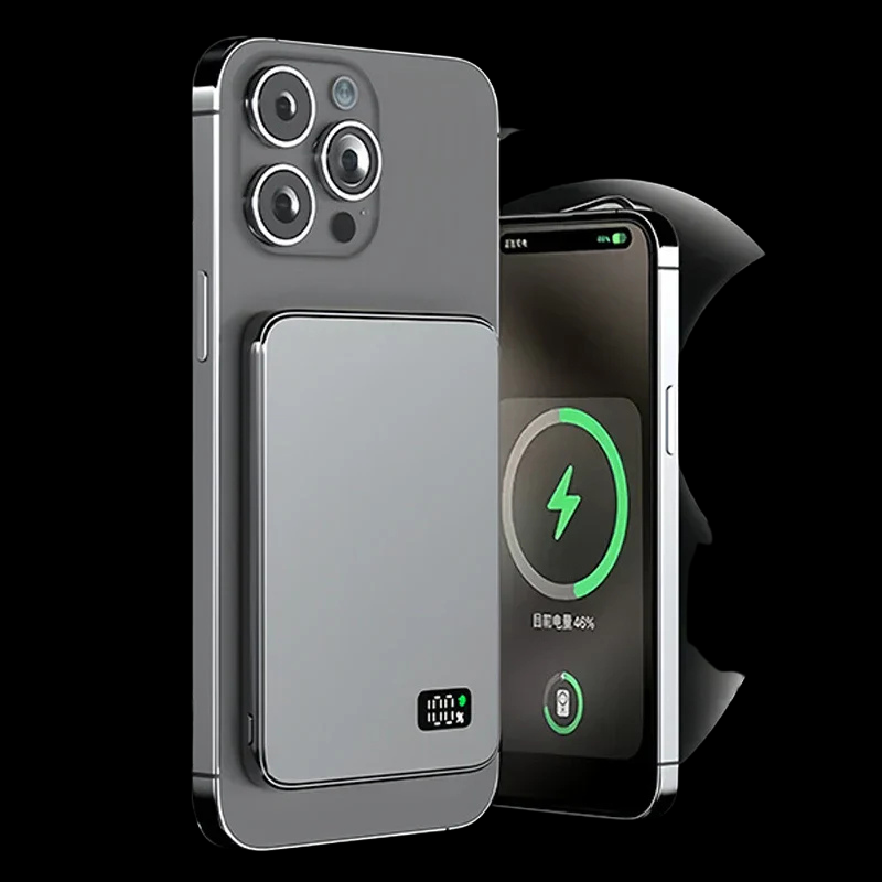 Ultradunne, draadloze Qi powerbank met magnetische grip en LED display. Essentiële smartphone oplader.