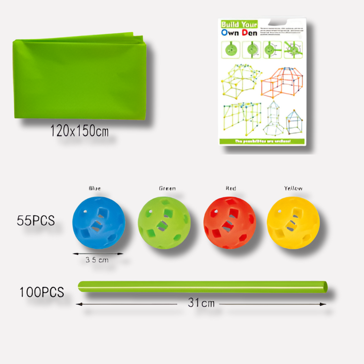Kinderen bouwen eigen fort met Playit creatieve bouwset; educatief bouwpakket stimuleert verbeelding, binnenspeelgoed.