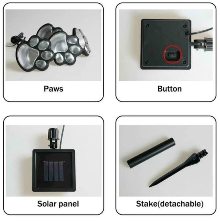 Decoratieve hondenpoot grondspot met solar LED verlichting, ideaal voor padverlichting in de tuin.