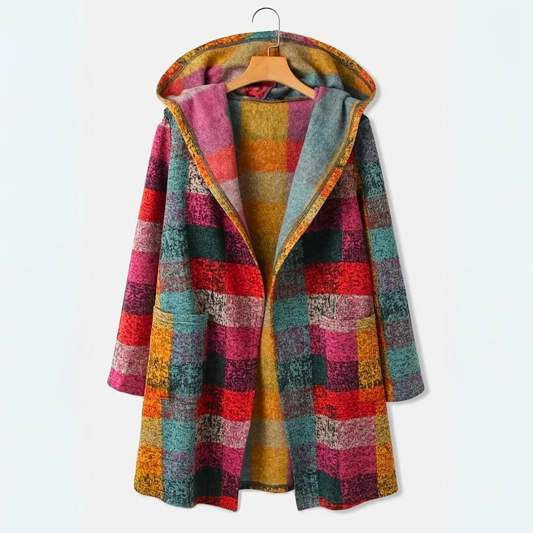 Kleurrijk dames vest met capuchon, warm en casual. Perfect voor herfst en winter.