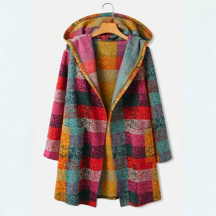 Kleurrijk dames vest met capuchon, warm en casual. Perfect voor herfst en winter.