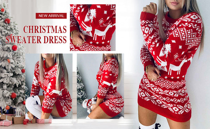 Elegante dames kerstjurk met lange mouwen, perfect als feestjurk voor de feestdagen. Stijlvolle winterjurk.
