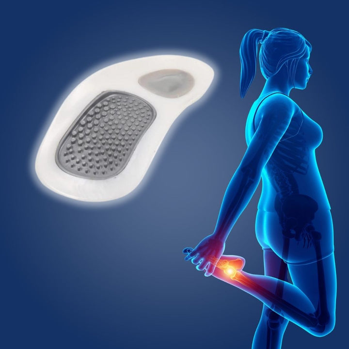 Detail van SoleRelief steunzool met geavanceerde voetboogondersteuning voor comfort bij plantar fasciitis.
