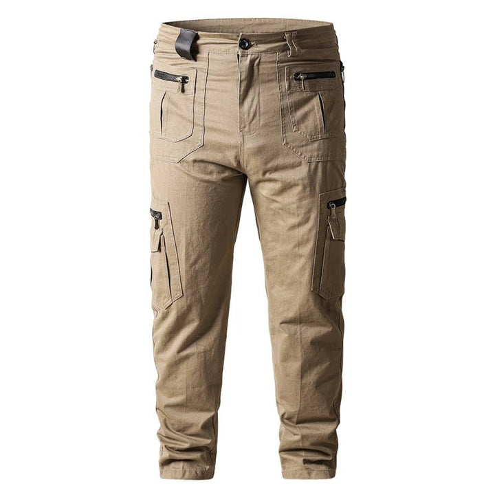 Multifunctionele heren cargo broek in khaki, perfect voor outdoor activiteiten en werk.