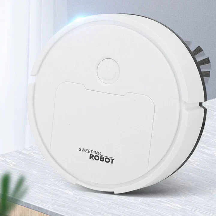 Zwarte, slanke robotstofzuiger met dweilfunctie, klaar voor automatische reiniging van harde vloeren en tapijt.