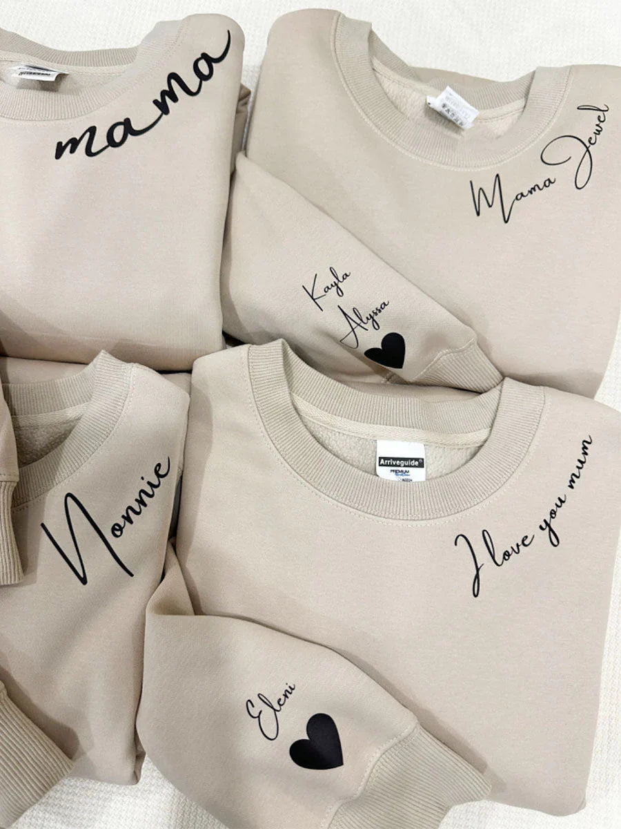 Comfortabele gepersonaliseerde hoodie/sweater. Uniek familie kledingstuk met custom namen.